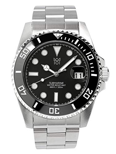 [HYAKUICHI 101] No.1Z ヒャクイチ クォーツ ダイバーズウォッチ 20気圧防水 セラミックベゼル カレンダー 腕時計 メタルバンド メンズ (ブラック)